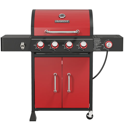 4-Burner Gas Grill with Side Burner, HUGROVE 51,000 BTU BBQ Grill with Porcelain-Enameled Lid,Cast Iron Grates, Propane Grills Outdoor Cooking, Red
