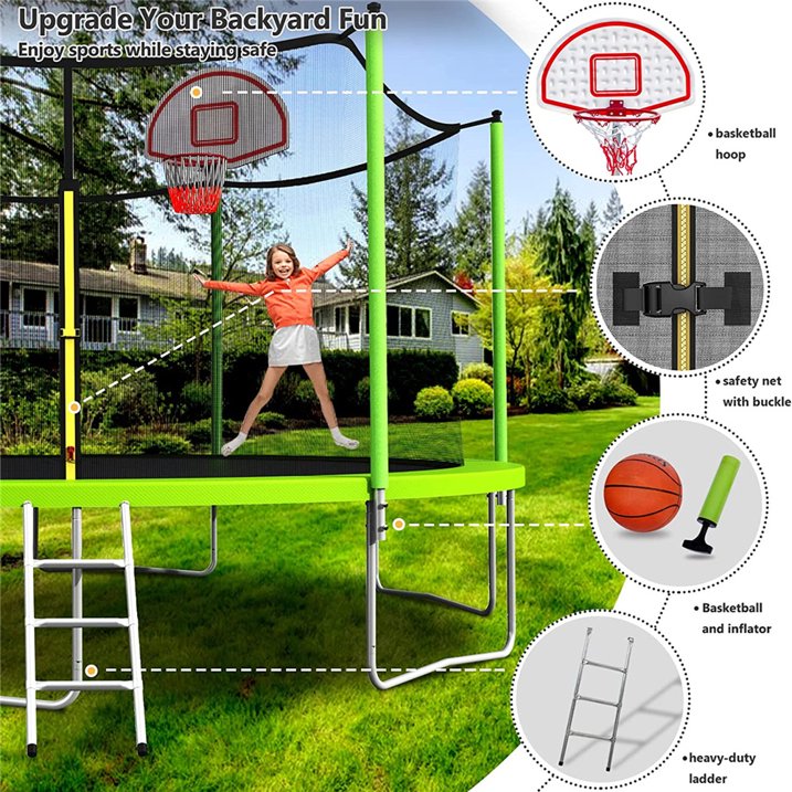 Hugrove Trampoline for Kids and Adults, SEGMART Outdoor Recreational Trampoline with Basketball Hoop,Safety Enclosure Net, Ladder