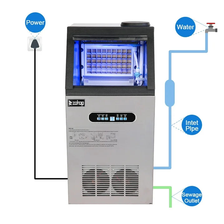 Hugrove Ice Maker Machine for Commercial, Stainless Ice Machine w/24 lb Storage Capacity, 150lbs/24h, for Restaurants, Bars, Homes and Offices - Includes Scoop and Connection Hoses