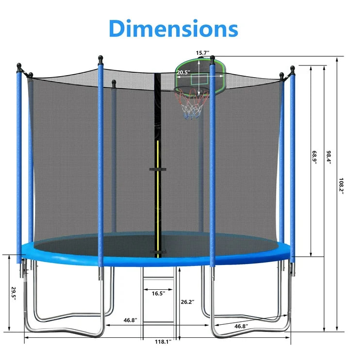 Hugrove 10ft Trampoline for Kids with Basketball Hoop and Enclosure Net/Ladder,Blue