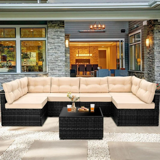 Hugrove 7 Piece Rattan Sectional Sofa Set, Outdoor Conversation Set, All-Weather Wicker Sectional Seating Group with Cushions & Coffee Table, Morden Furniture Couch Set for Patio Deck Garden Pool