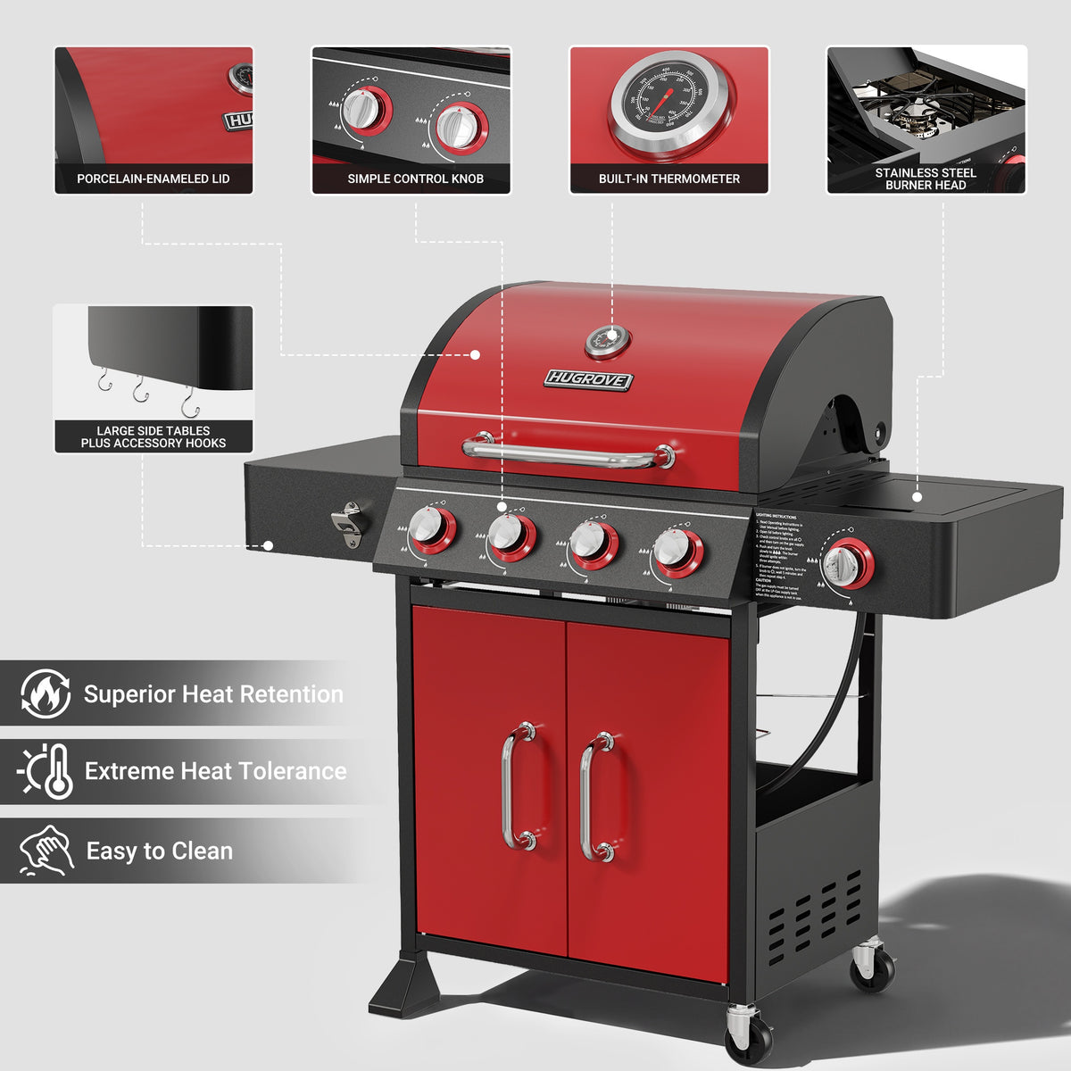 4-Burner Gas Grill with Side Burner, HUGROVE 51,000 BTU BBQ Grill with Porcelain-Enameled Lid,Cast Iron Grates, Propane Grills Outdoor Cooking, Red
