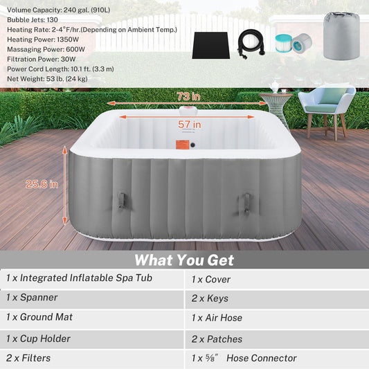 Hugrove Hot Tub, Seizeen 4-6 Person Inflatable Hot Tub Home SPA for Outdoor Patio, 910L Large Capacity, 130pcs Massage Jets, with 2 Filters, Lockable Cover, Storage Bag, Max 104℉, 73in, Gray