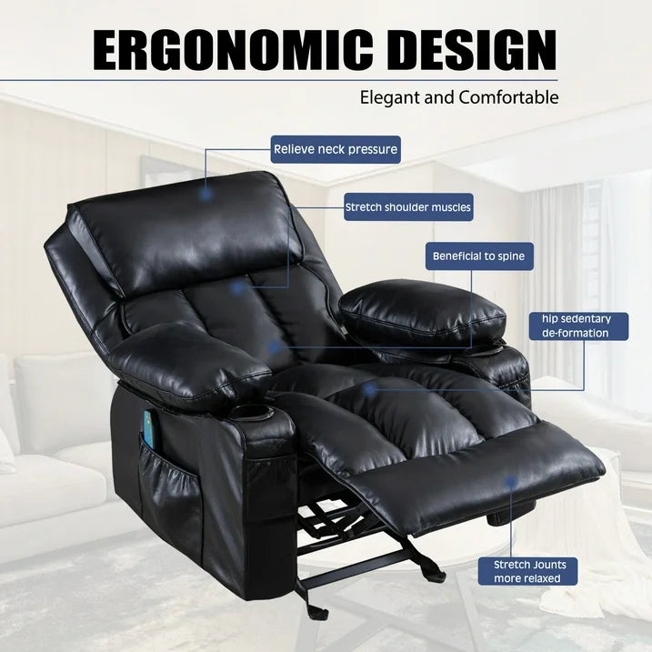 Hugrove Massage Recliner Chairs with Remote Control, PU Leather Ergonomic Recliner Chair with Bread-Type Handrail & Padded Seat Backrest, Black