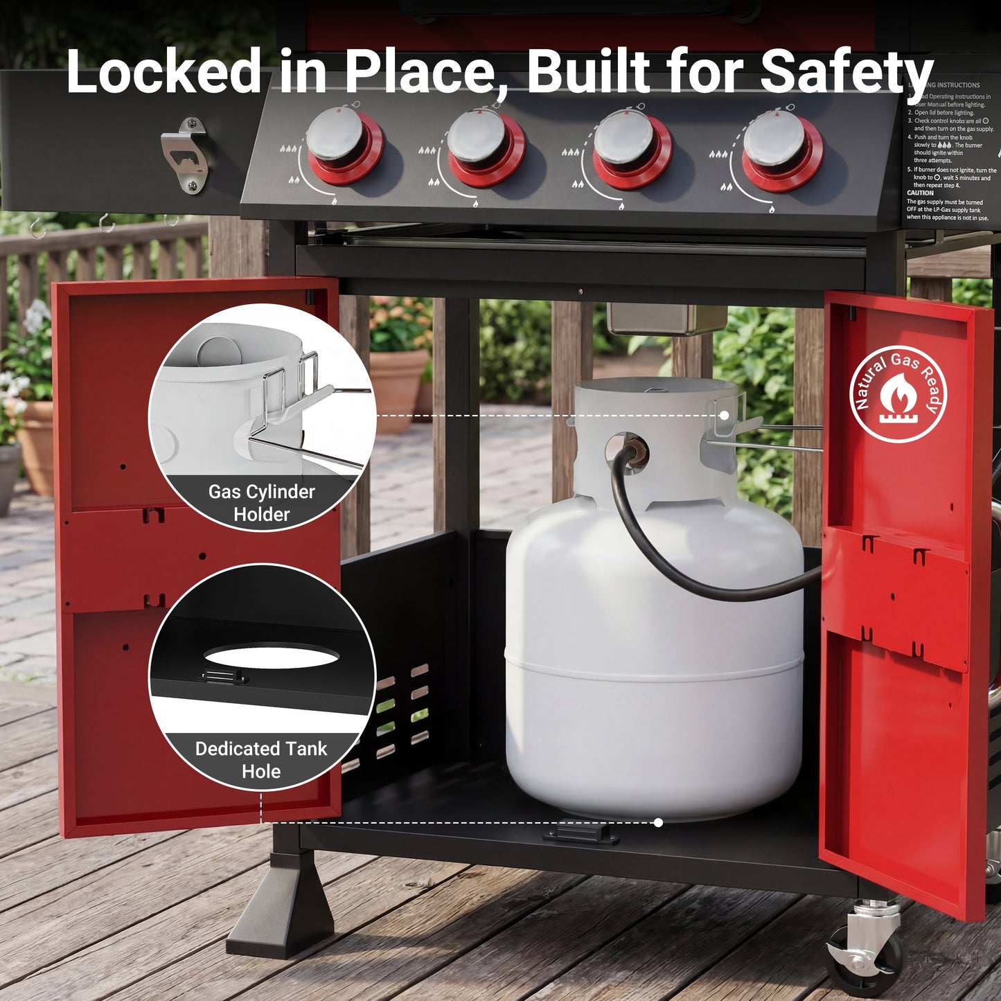 HUGROVE 4-Burner Gas Grill with Side Burner, 51,000 BTU BBQ Grill with Porcelain-Enameled Lid,Cast Iron Grates, Propane Grills Outdoor Cooking, Red