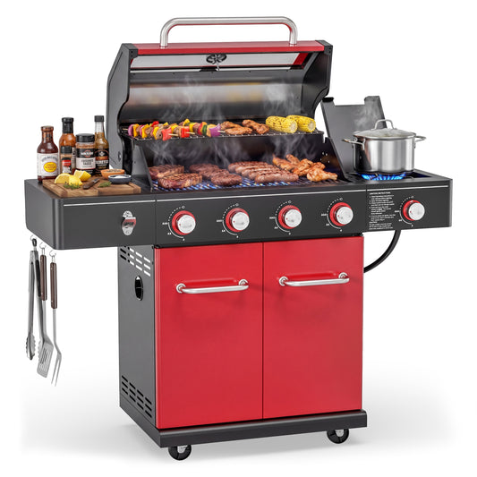4-Burner Propane Gas Grill with Side Burner, 56,000 BTU Outdoor BBQ Grill with Viewing Window, Outdoor Grill 677 Sq. In. Cooking Area, Porcelain-Coated Lid, Red