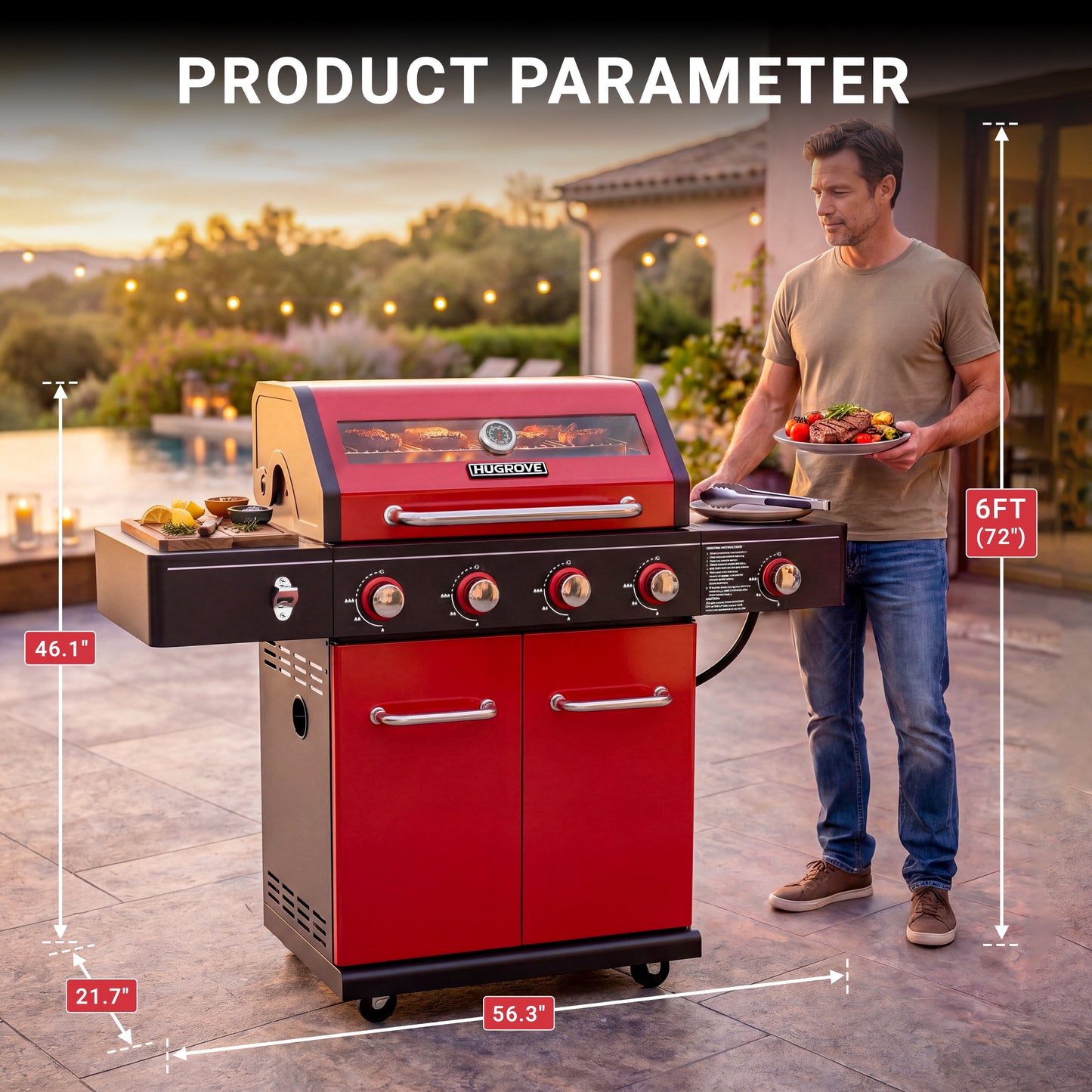 4-Burner Propane Gas Grill with Side Burner, 56,000 BTU Outdoor BBQ Grill with Viewing Window, Outdoor Grill 677 Sq. In. Cooking Area, Porcelain-Coated Lid, Red