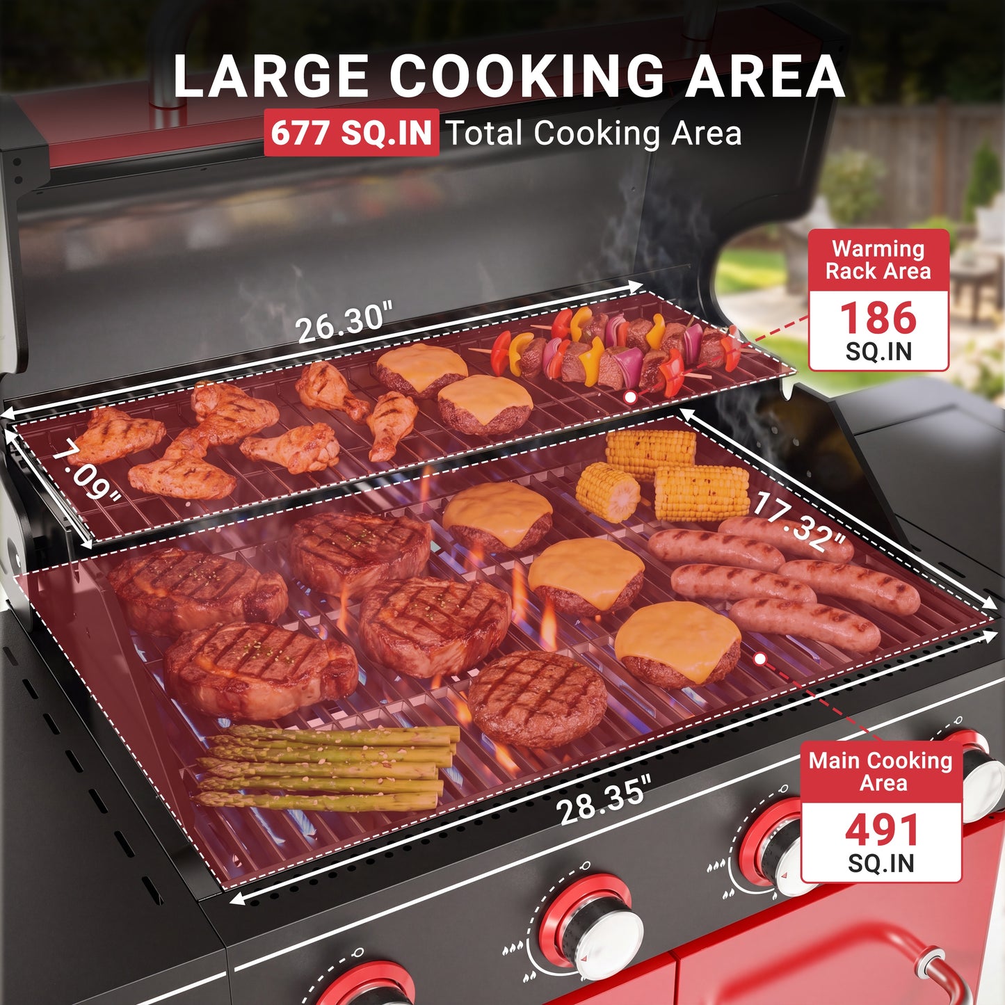 4-Burner Propane Gas Grill with Side Burner, 56,000 BTU Outdoor BBQ Grill with Viewing Window, Outdoor Grill 677 Sq. In. Cooking Area, Porcelain-Coated Lid, Red