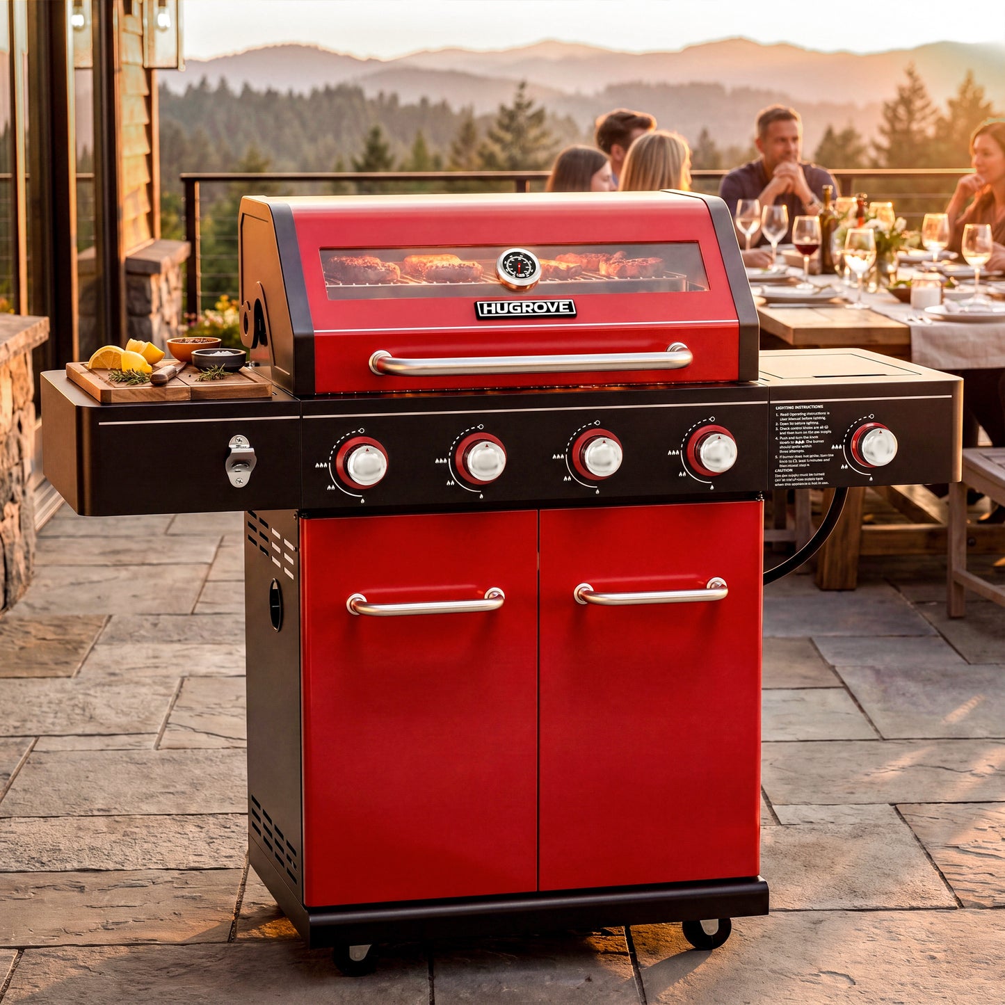 4-Burner Propane Gas Grill with Side Burner, 56,000 BTU Outdoor BBQ Grill with Viewing Window, Outdoor Grill 677 Sq. In. Cooking Area, Porcelain-Coated Lid, Red