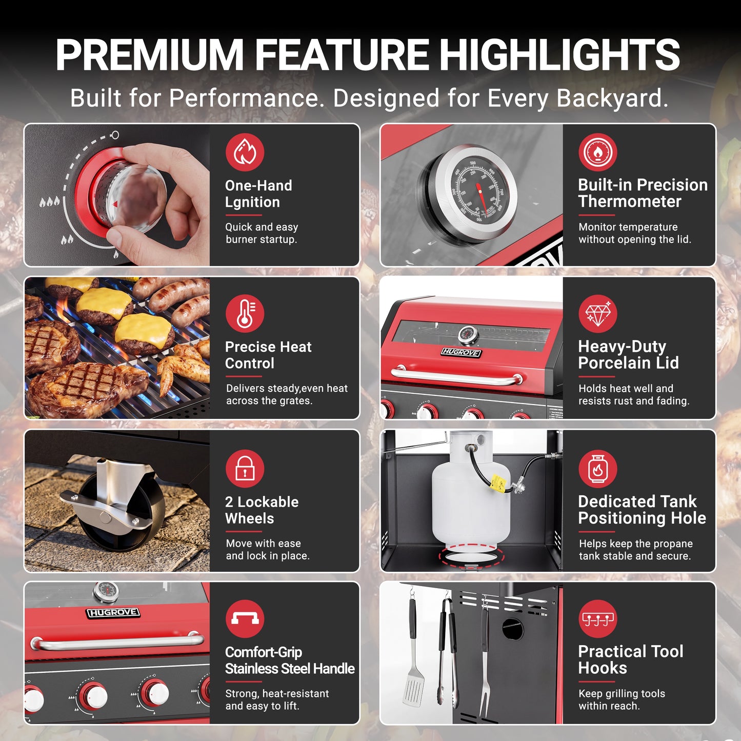 4-Burner Propane Gas Grill with Side Burner, 56,000 BTU Outdoor BBQ Grill with Viewing Window, Outdoor Grill 677 Sq. In. Cooking Area, Porcelain-Coated Lid, Red