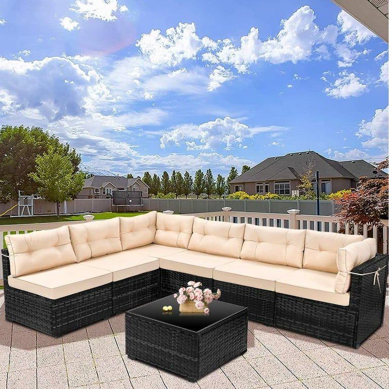 Hugrove 7 Piece Rattan Sectional Sofa Set, Outdoor Conversation Set, All-Weather Wicker Sectional Seating Group with Cushions & Coffee Table, Morden Furniture Couch Set for Patio Deck Garden Pool