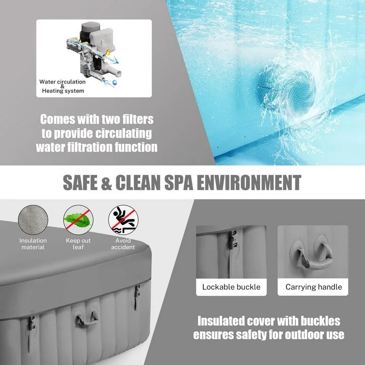 Hugrove Hot Tub, Seizeen 4-6 Person Inflatable Hot Tub Home SPA for Outdoor Patio, 910L Large Capacity, 130pcs Massage Jets, with 2 Filters, Lockable Cover, Storage Bag, Max 104℉, 73in, Gray