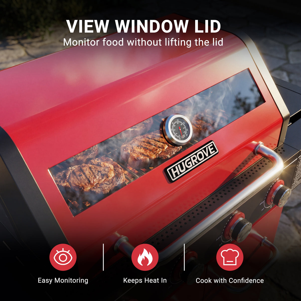 4-Burner Propane Gas Grill with Side Burner, 56,000 BTU Outdoor BBQ Grill with Viewing Window, Outdoor Grill 677 Sq. In. Cooking Area, Porcelain-Coated Lid, Red