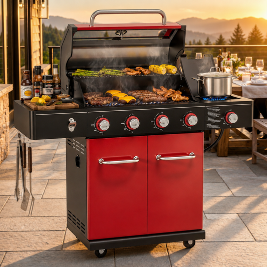 4-Burner Propane Gas Grill with Side Burner, 56,000 BTU Outdoor BBQ Grill with Viewing Window, Outdoor Grill 677 Sq. In. Cooking Area, Porcelain-Coated Lid, Red