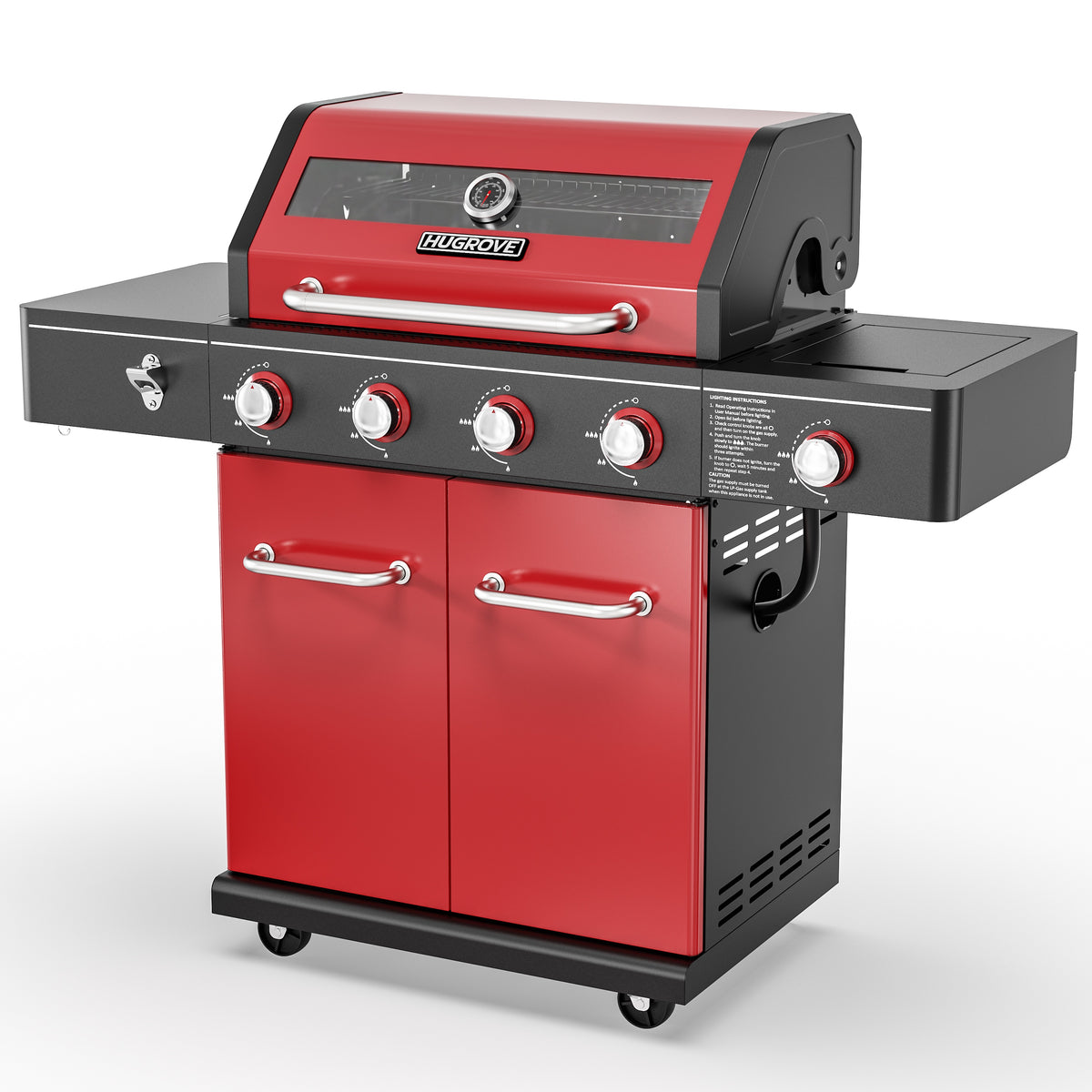 4-Burner Propane Gas Grill with Side Burner, 56,000 BTU Outdoor BBQ Grill with Viewing Window, Outdoor Grill 677 Sq. In. Cooking Area, Porcelain-Coated Lid, Red