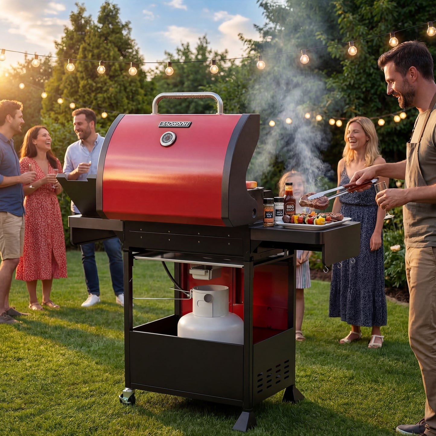 HUGROVE 4-Burner Gas Grill with Side Burner, 51,000 BTU BBQ Grill with Porcelain-Enameled Lid,Cast Iron Grates, Propane Grills Outdoor Cooking, Red