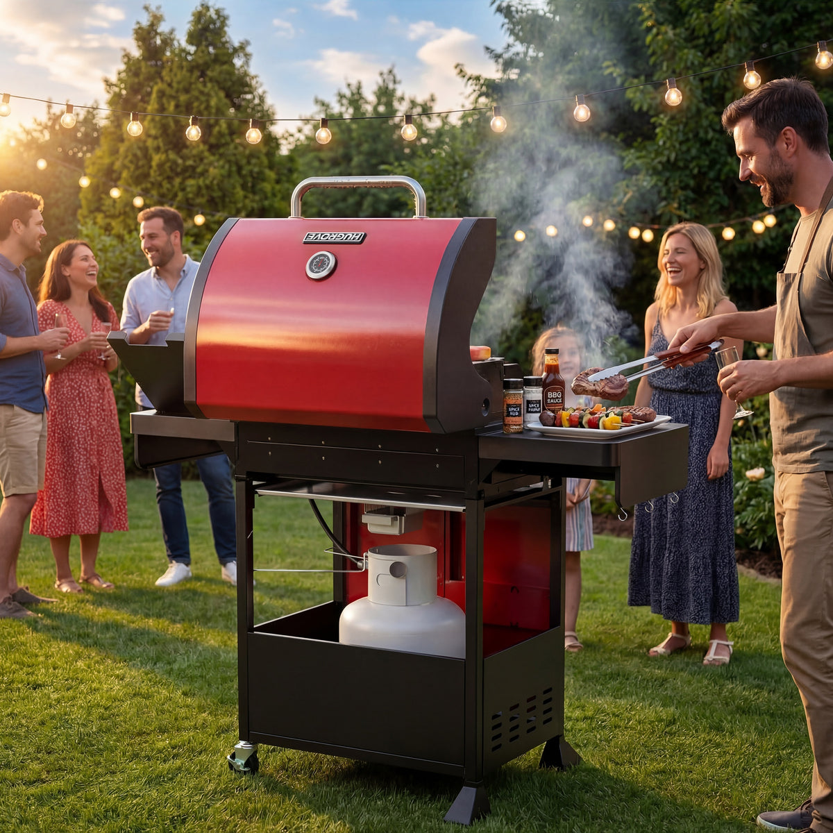 4-Burner Gas Grill with Side Burner, HUGROVE 51,000 BTU BBQ Grill with Porcelain-Enameled Lid,Cast Iron Grates, Propane Grills Outdoor Cooking, Red