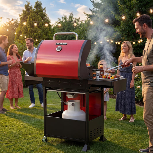4-Burner Gas Grill with Side Burner, HUGROVE 51,000 BTU BBQ Grill with Porcelain-Enameled Lid,Cast Iron Grates, Propane Grills Outdoor Cooking, Red