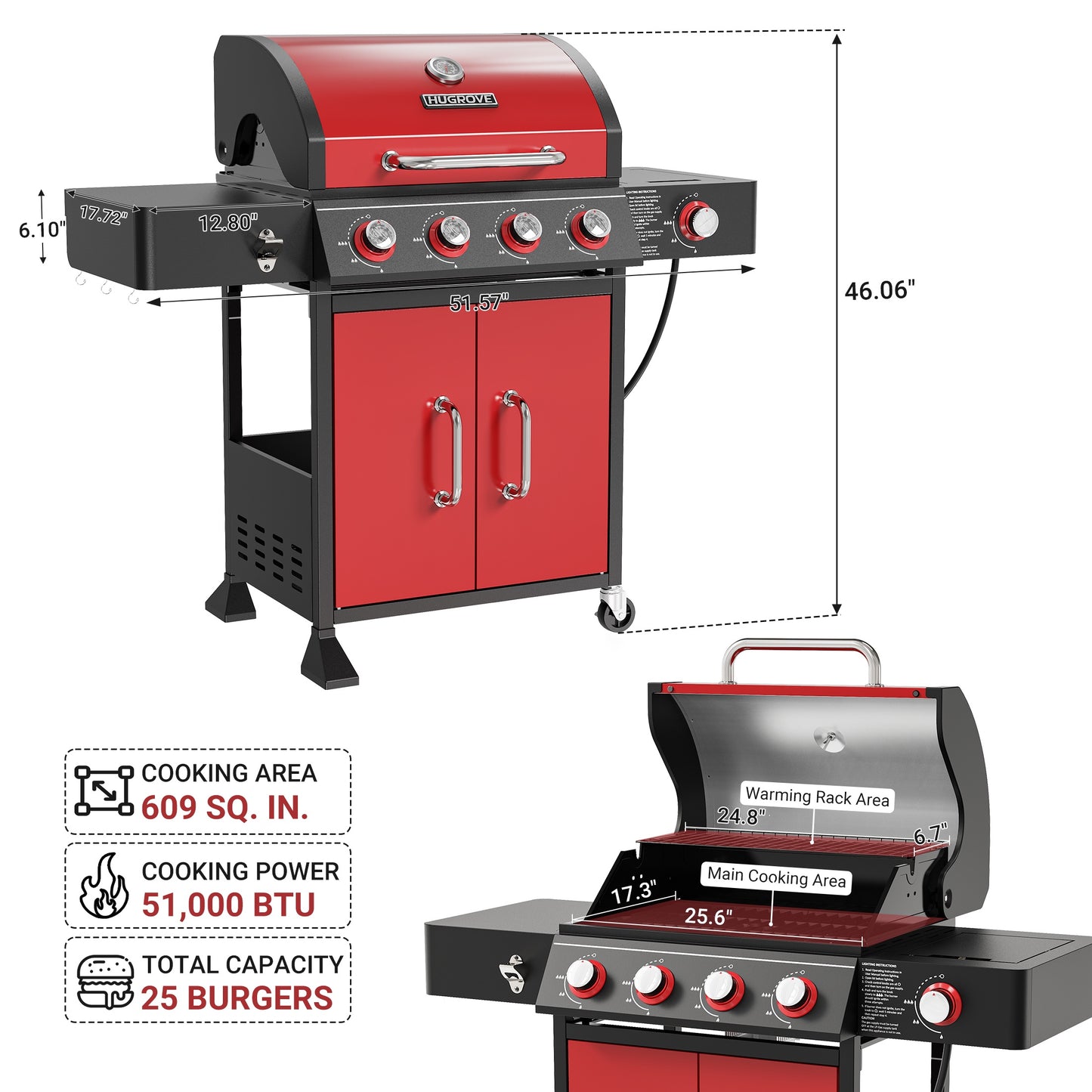 HUGROVE 4-Burner Gas Grill with Side Burner, 51,000 BTU BBQ Grill with Porcelain-Enameled Lid,Cast Iron Grates, Propane Grills Outdoor Cooking, Red